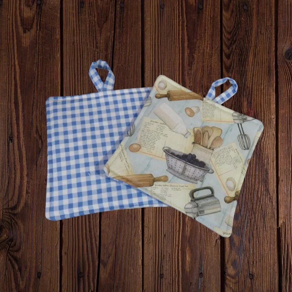 Handmade Potholder, Set of 2, Reversible Baking and Blue Gingham Hot Pads